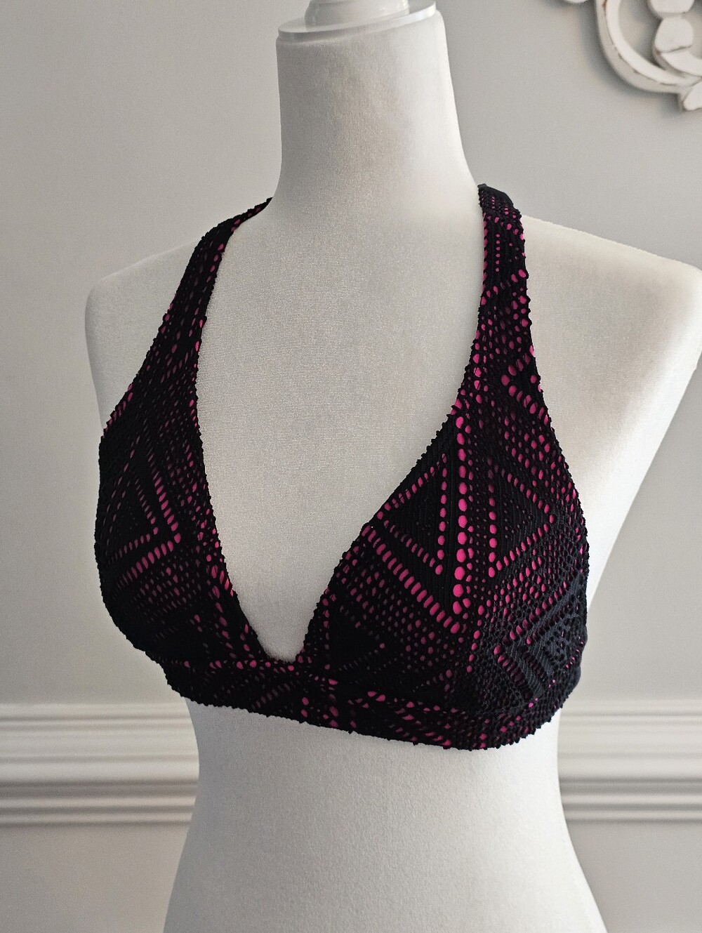 Arizona Pink & Black Geometric Crochet Halter Bikini Top - Small